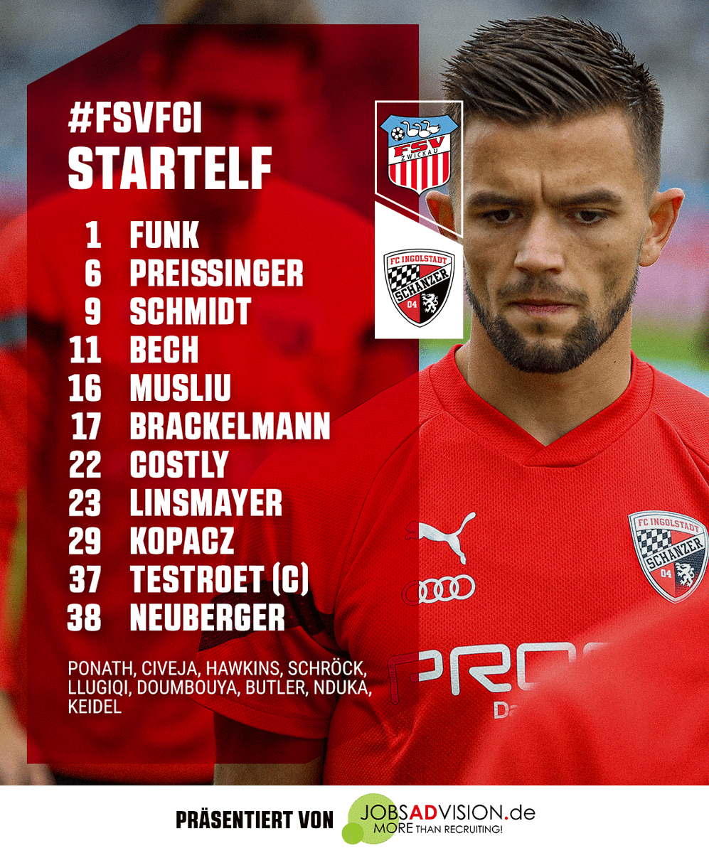 Schanzer's tweet photo. Im Vergleich zum vergangenen Spiel gehen die #Schanzer das heutige Spiel mit zwei Veränderungen an. Visar #Musliu und #Rico Preißinger ersetzten Donald #Nduka sowie den gesperrten Valmir #Sulejmani. ⚫🔴
#FSVFCI https://t.co/AMjMSbfhoq