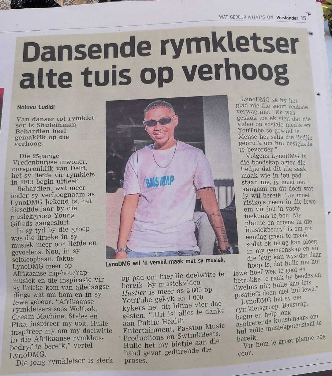 CapeTownPress's tweet photo. Congratulations Shuleihman👏
1 of DELFTS #Kaaps #Afrikaaps dialect #rappers for making it into @WeslanderMedia Newspaper and WFS Magazine in @capetown SOUTH AFRICA KAAPSTAD🌍🇿🇦📰
For bookings
Contact details :
📞079 605 4288
Or email :
lynodmg@gmail.com
~LYNODMG _BAASTRAP https://t.co/jO8GXY8SxW
