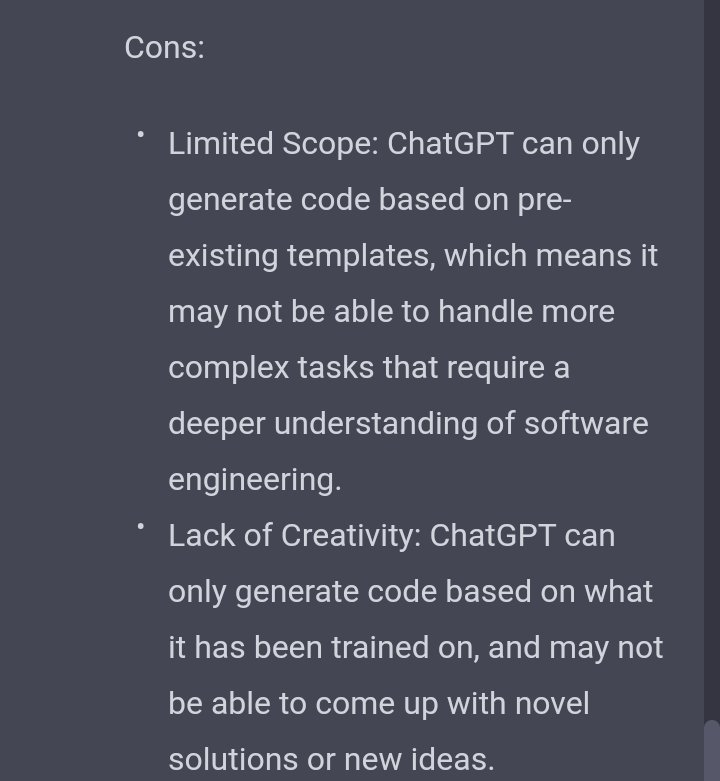 llan3R's tweet image. Will chat GPT replace sw engineering or at least coding?

Look what the AI answered to me..