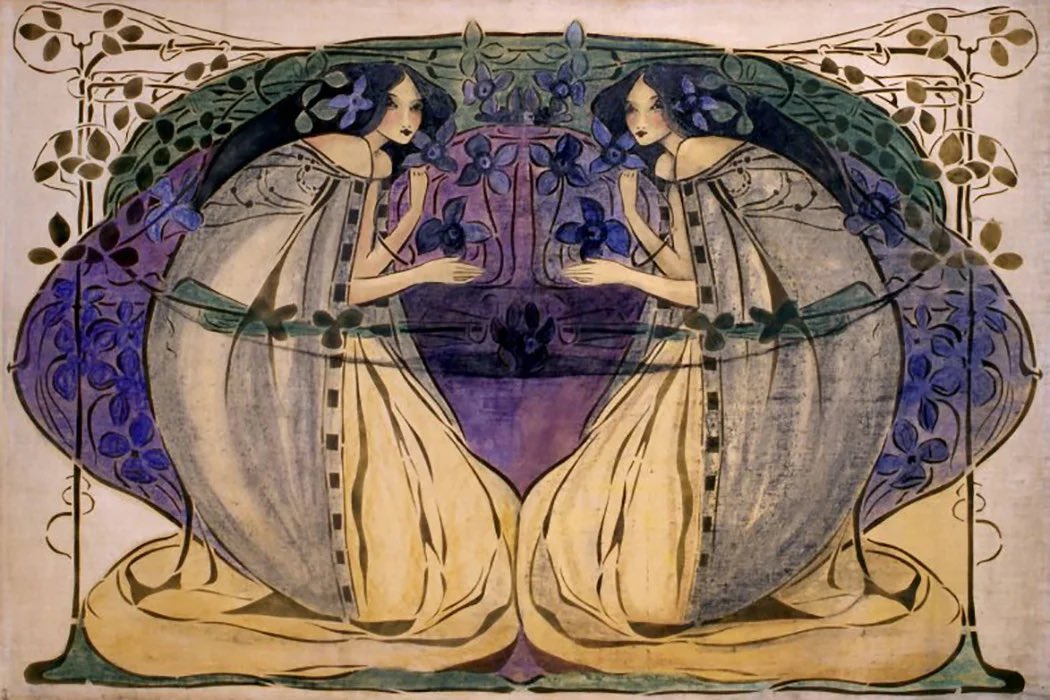 A stylised mirror image of a woman with long flowing dark hair wearing a long grey cloak and dress, surrounded by purple flowers and green foliage. The figures are elongated with a mythical Celtic influence