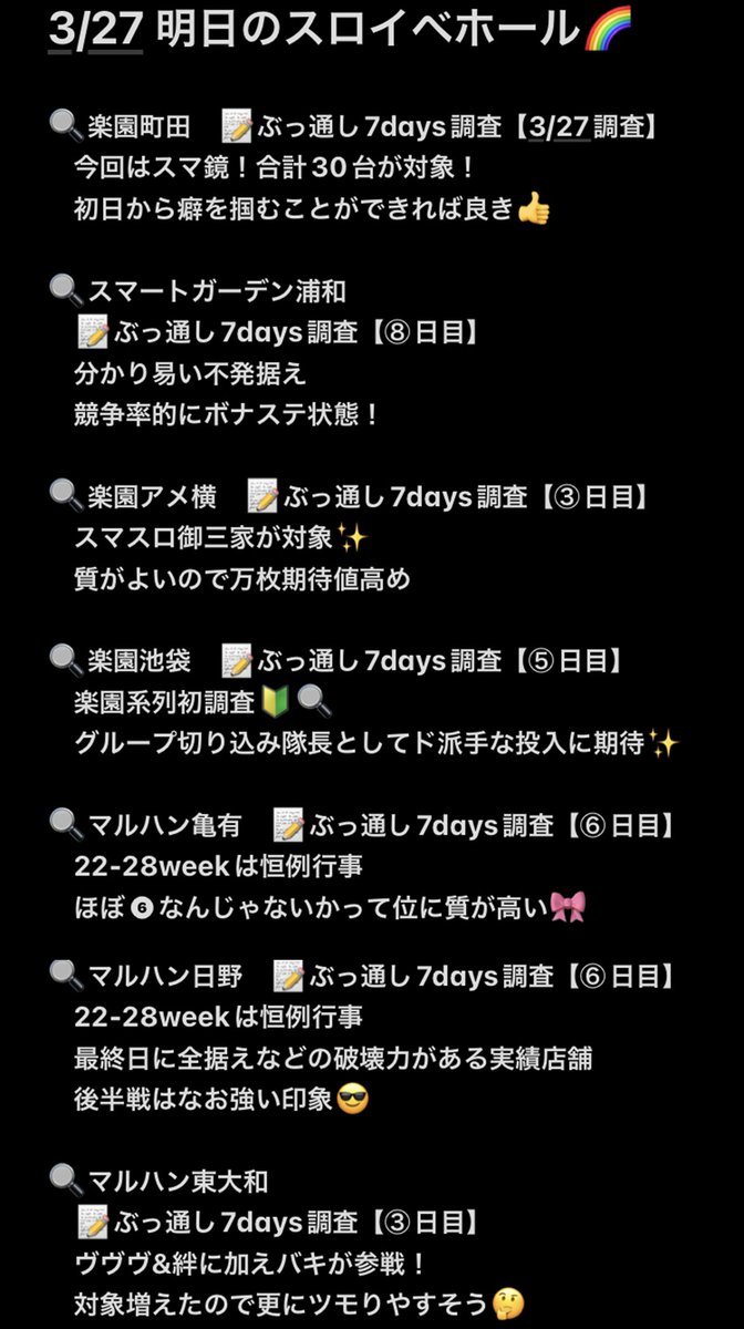 3/27🌈スロイベ@関東ホール
≪マルハン≫
池袋/鹿浜/蒲田駅東/東大和🔍
大山/日野🔍/亀有🔍
≪エスパス≫
新宿歌舞伎町/秋葉原/渋谷新館
上野本館/上野新館/新小岩
≪楽園≫
池袋🔍/アメ横🔍/町田🔍
🔍スマートガーデン浦和
レッドロック学芸大学駅前
パラッツォ葛西
ミリオン石神井公園…