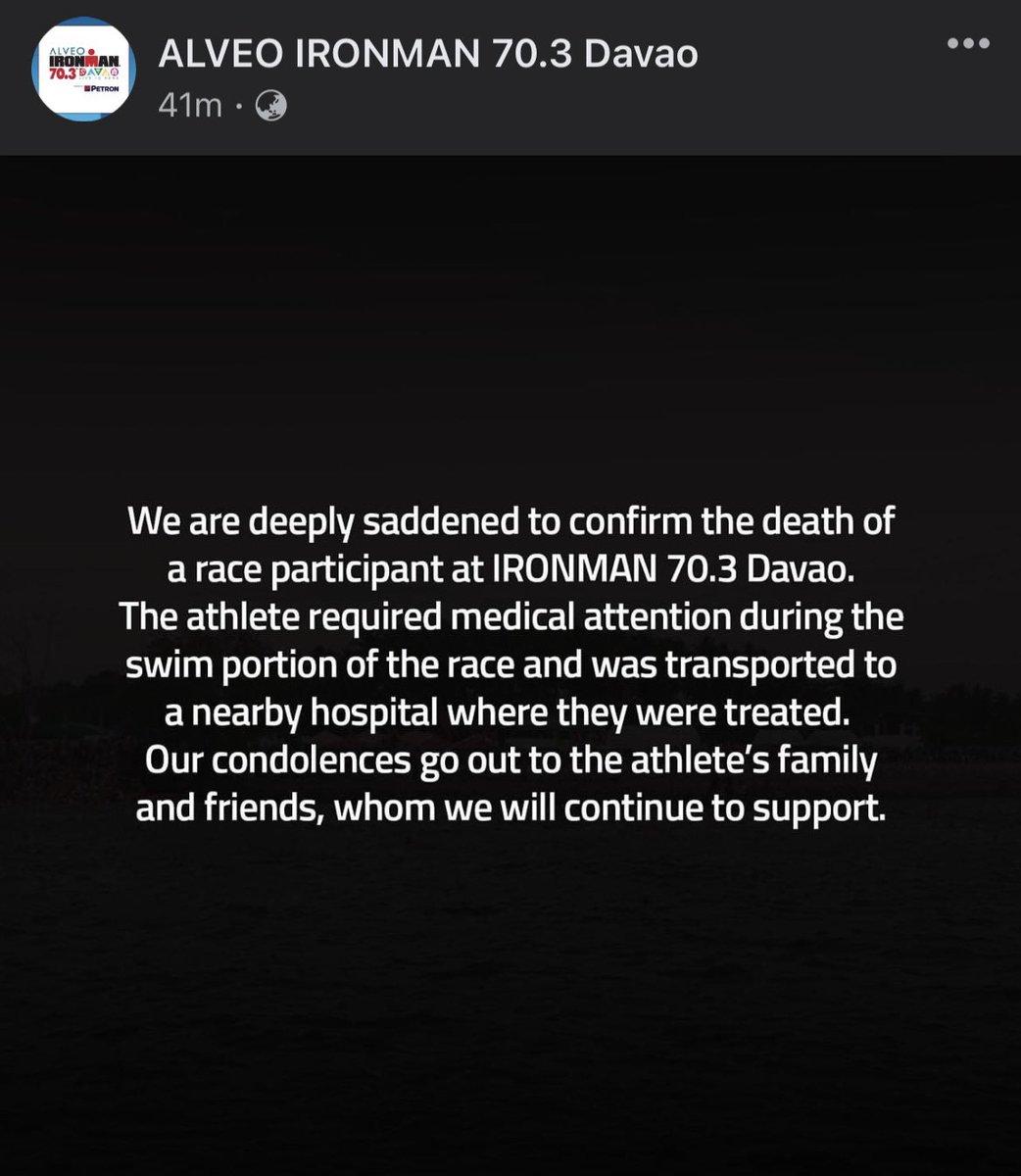 ABSCBNNews's tweet photo. JUST IN: A participant of Ironman 70.3 triathlon died in the hospital where the athlete was transported to, after seeking medical attention during the swimming portion of the race, Sunday morning. 
| via @ChrislenBulosan https://t.co/WdR5IDHpwI