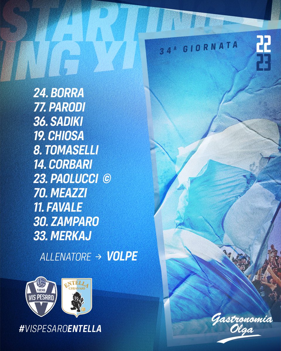 ⚽️ | FORMAZIONE

Gli 1️⃣1️⃣ biancocelesti per il match con la Vis Pesaro
#ForzaEntella #UnaSolaSquadra