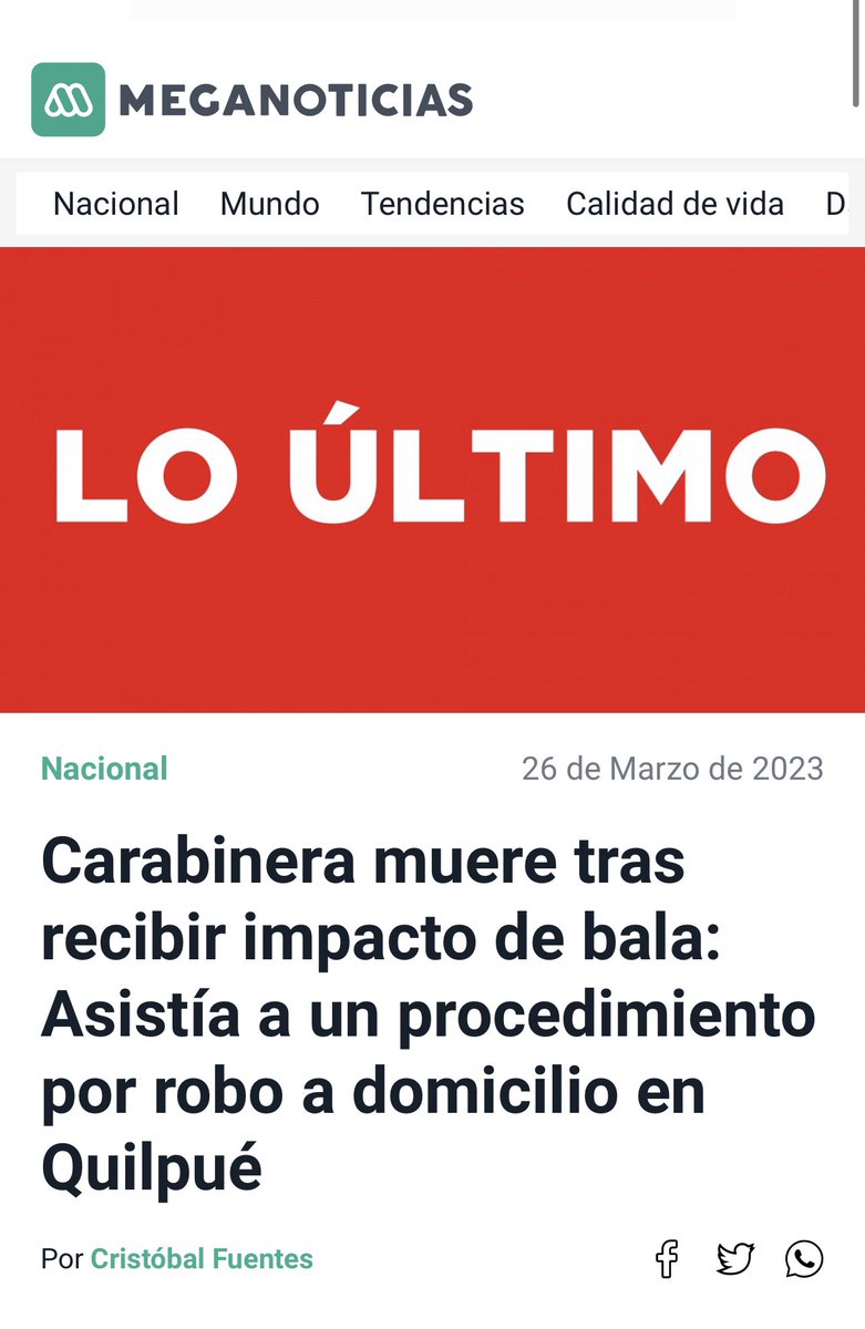 Nuevamente una noticia de esas que no nos gusta escuchar  y nos llena de impotencia. Carabinera muere en sus funciones a manos de delincuente prófugo. Mi más sentido pésame a la familia Rita Olivares El máximo de respaldo necesitamos hoy a #Carabineros