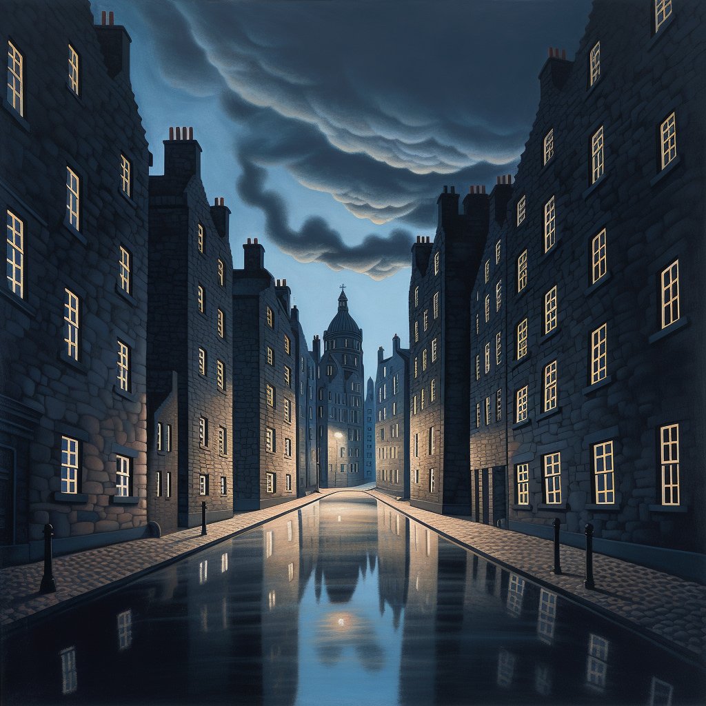 jamieonkeys's tweet photo. Been playing around with Midjourney v5 this morning. Speirt at it to create a surreal painting of an Edinburgh street in the style of Magritte. No bad! #midjourneyv5 #midjourneyart #AI https://t.co/SXGcQkx5zD