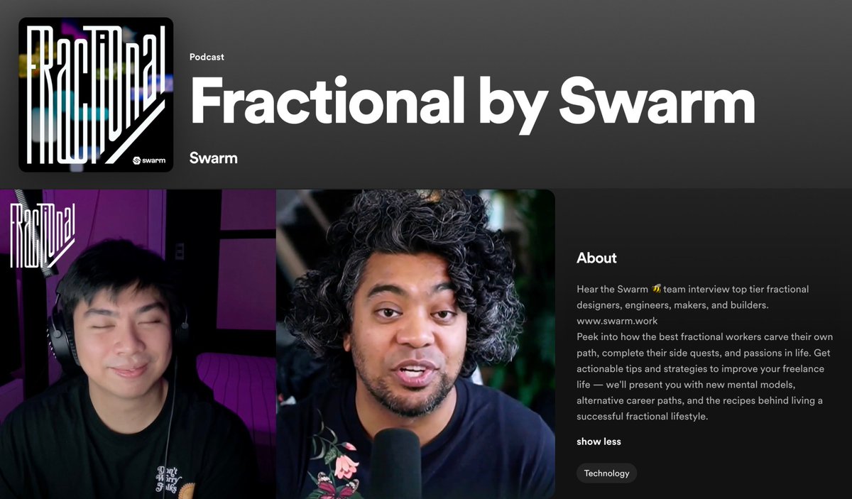 Here's my and @SwarmWork's work of love for all the tech freelancers out there — Fractional, the podcast for top tier independent makers and builders. 🐝 The first with one of the legends, @danmall! ⭐️ 🎧 Listen to the first episode below: open.spotify.com/episode/2BpPYj…