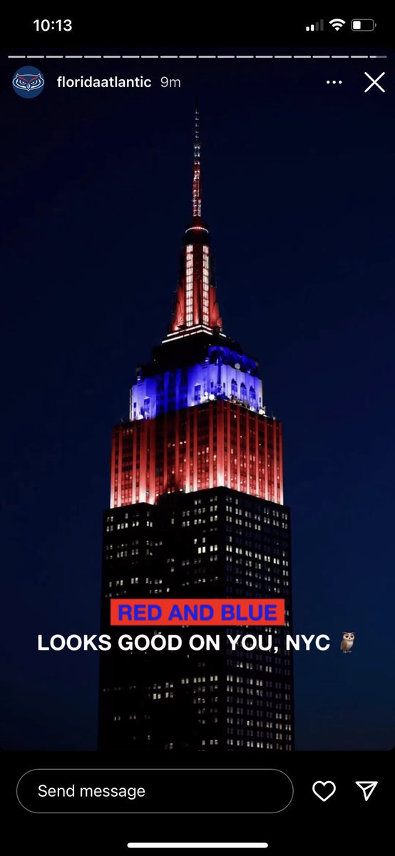 Fitting that <a href="/EmpireStateBldg/">Empire State Building</a> had to light the building up in blue and red after <a href="/FAUMBB/">Florida Atlantic Men's Basketball</a> won lol