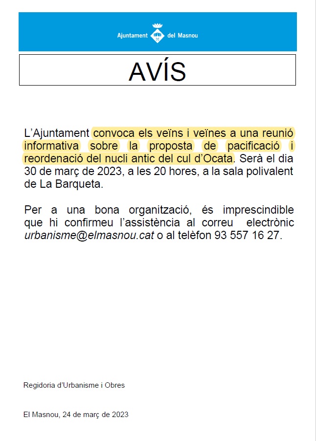 📣ATENCIÓ VEÏNS D'OCATA!! 
<a href="/elmasnou_cat/">Ajuntament del Masnou</a> convoca una reunió informativa sobre un tema que afectarà directament l'entorn urbanístic del nostre Barri.

Convocatòria feta amb l'opacitat i ocultimes típic d'aquest ajuntament.

 PER AIXÓ DEMANENT LA MÀXIMA ASSISTÈNCIA  I DIFUSIÓ !