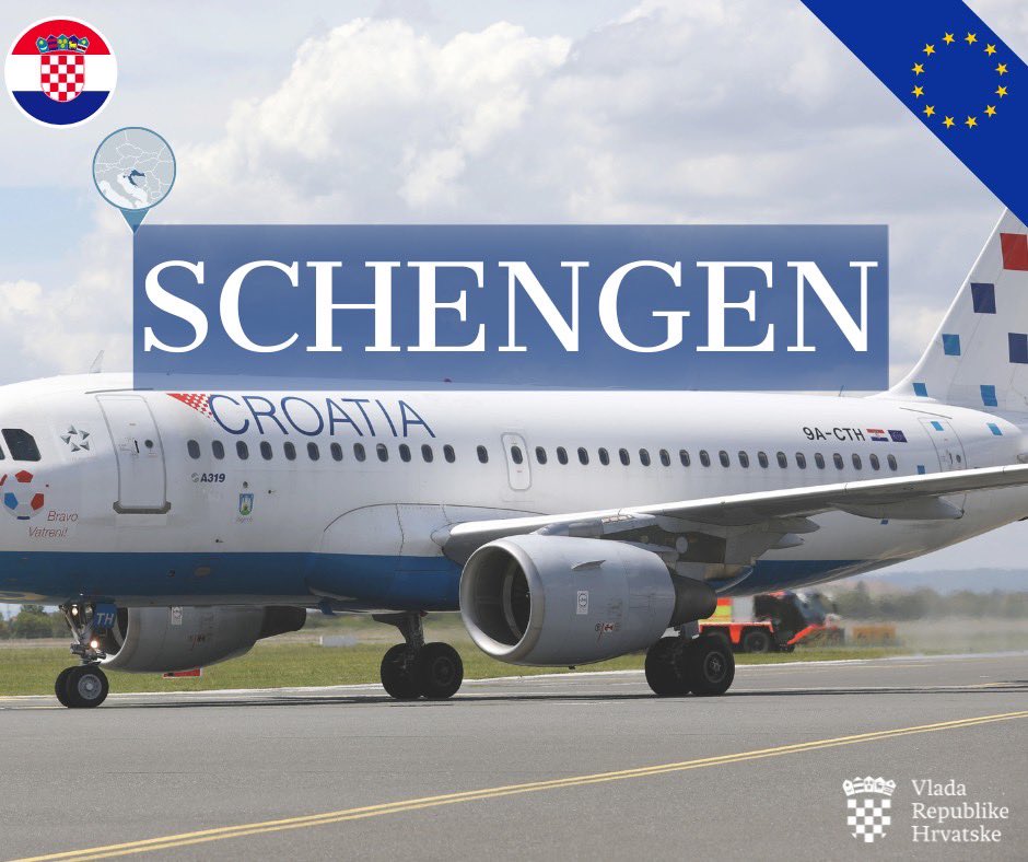 Danas počinje puna primjena #Schengen u devet zračnih luka u Hrvatskoj. Primjena ovih pravila u zračnim lukama u velikoj mjeri će ubrzati tokove putnika i rasteretiti rad granične policije, a pomoći će rastu prometa i postizanju još boljih turističkih rezultata! 🇭🇷