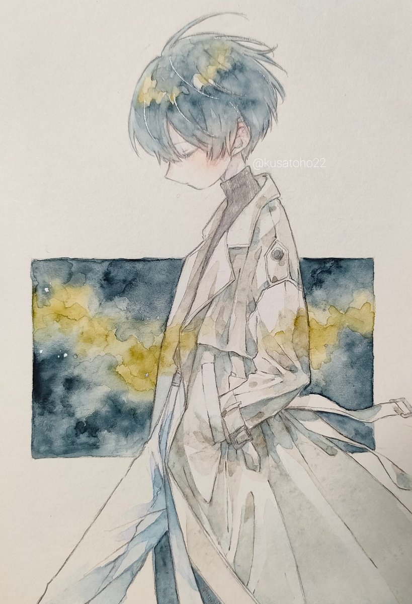 solo short hair closed eyes androgynous traditional media blue hair coat  illustration images