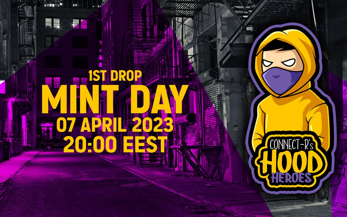HoodHeroesClub's tweet photo. The #MINT date of the Hood Heroes #NFT collection is on  7 April 2023 at 20:00 EEST. The 1st drop will consist of 1000 #NFTs. Don't miss out the chance to win a percentage of Connect-R's music!

Get yourself on the whitelist now!
More details on https://t.co/D2Rev99jtA

#HoodHeroesClub #Clapart #MultiversX #Binance #BinanceNFT #BNB