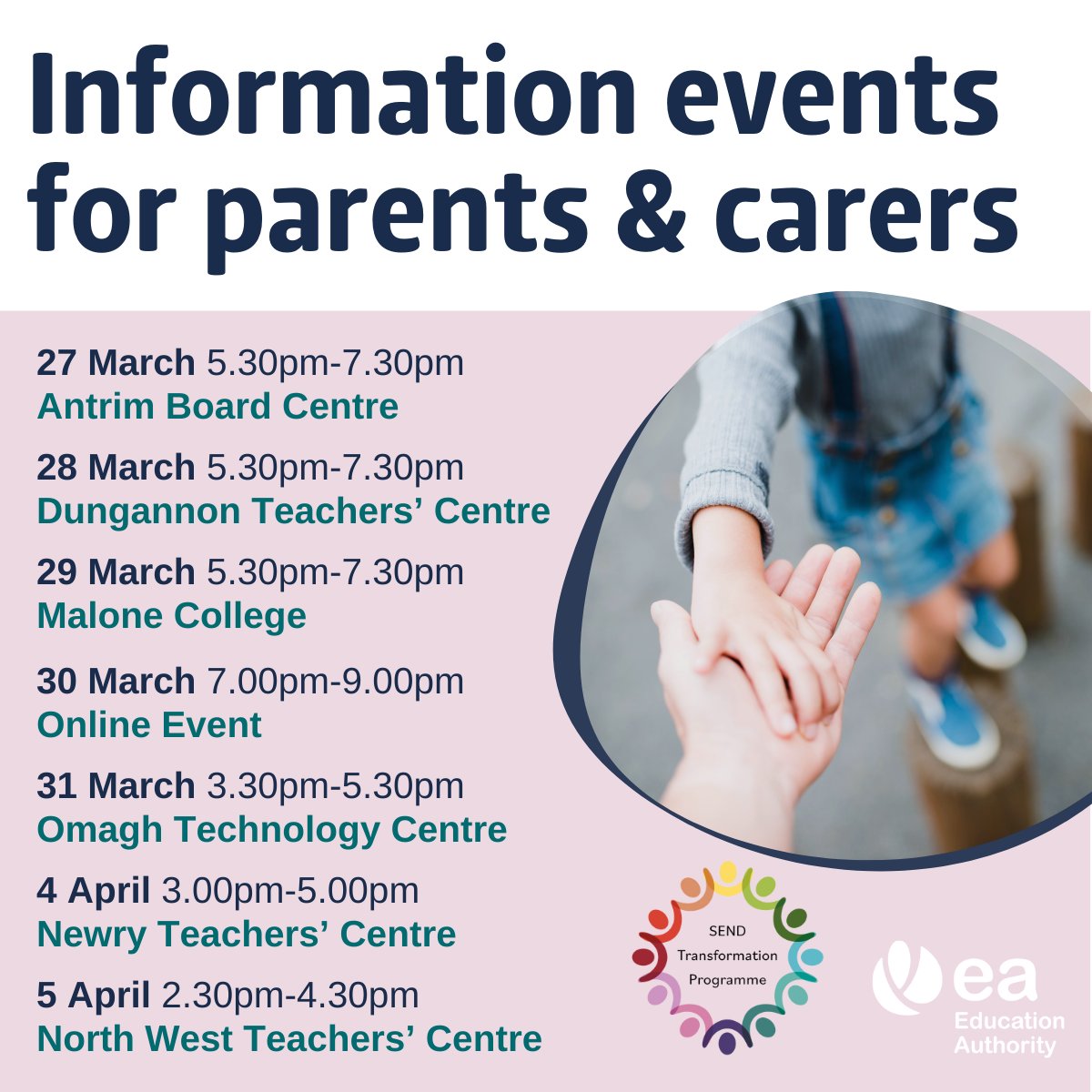📢REMINDER of info events for parents/carers in #Antrim &amp; #Dungannon next week

Hear from our #SEN Advice &amp; Info Service and get an update on the #SENDTransformationProgramme.

Book bit.ly/3K5FafU