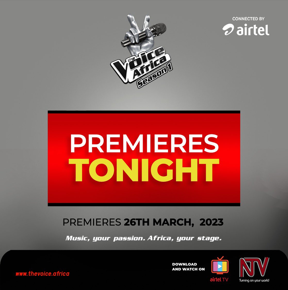 Airtel_Ug's tweet photo. The wait is over, set out the pop corn, call your friends and get ready for the premier of The Voice Africa season 1 tonight at 8:00pm only on NTV Uganda.

#TheVoiceAfrica
#connectedByAirtel https://t.co/2MXiHvMn6D