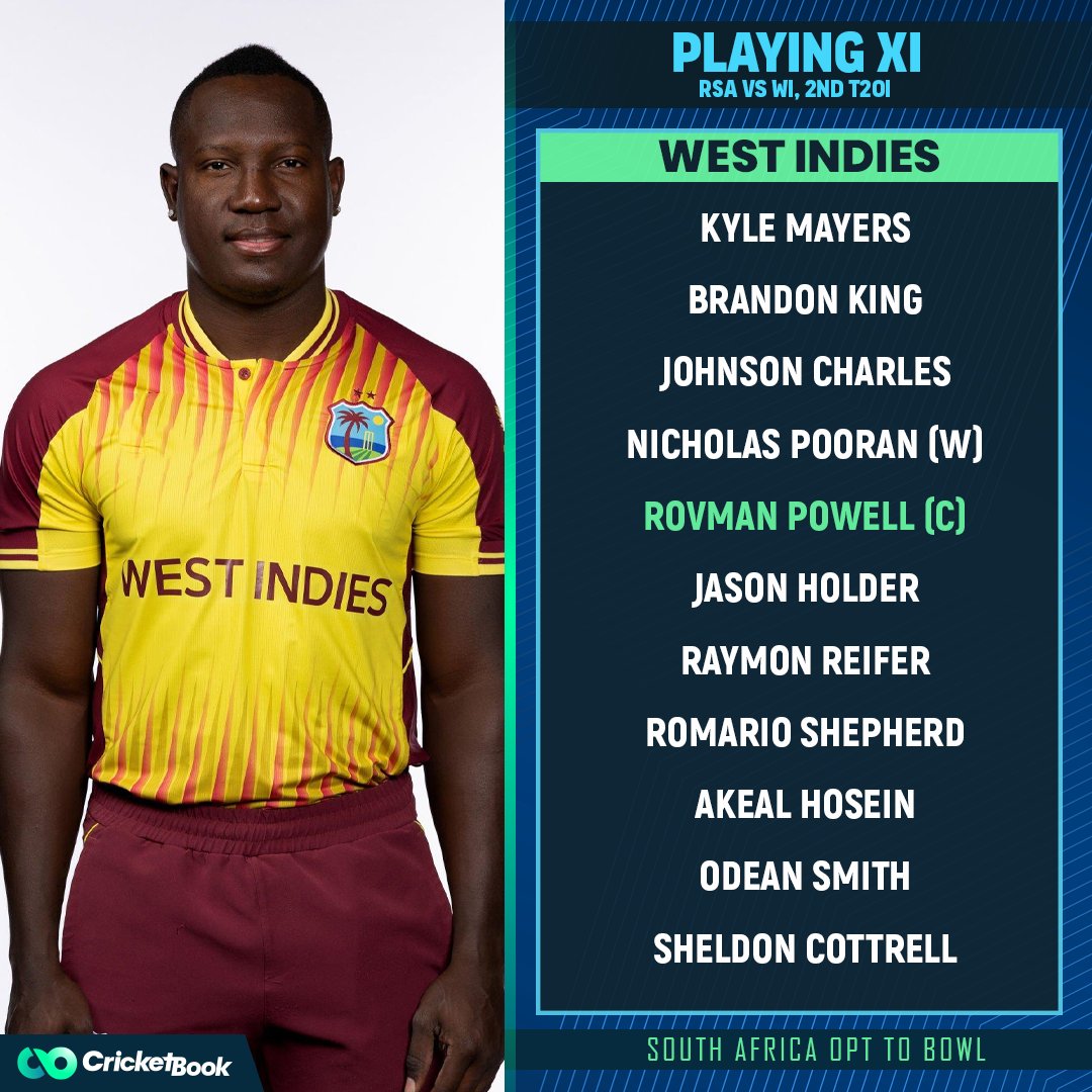 cricketbook_'s tweet photo. South Africa won the toss and chose to bowl first against West Indies.

#RSAvWI #AidenMarkram #RovmanPowell #T20 https://t.co/Ia02gZJvnf
