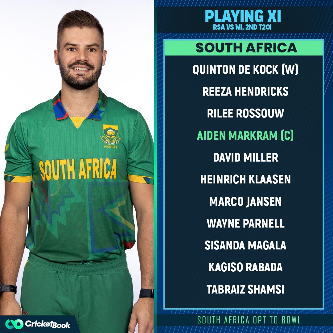cricketbook_'s tweet photo. South Africa won the toss and chose to bowl first against West Indies.

#RSAvWI #AidenMarkram #RovmanPowell #T20 https://t.co/Ia02gZJvnf