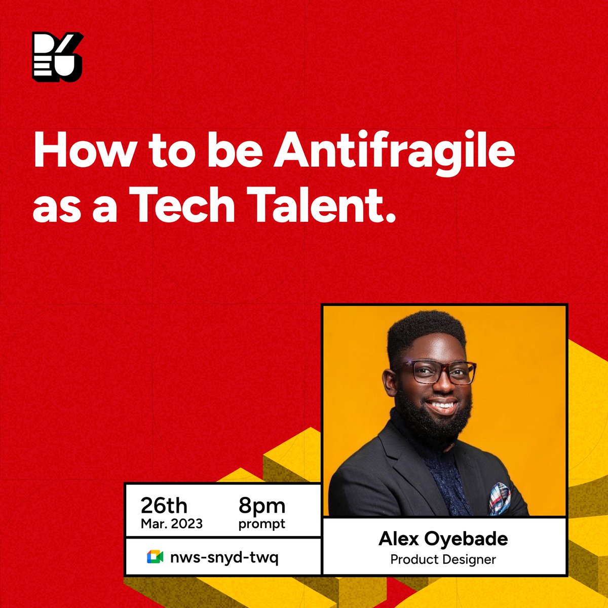 DesignwithEu's tweet photo. As a tech talent looking to thrive in today's fast-paced and ever-changing industry, being able to not just survive, but to actually thrive in the face of uncertainty and volatility is a trait we will all need.
Join us as we host @iamalexoyebade tonight on
#DesignwithEu. https://t.co/eVDeH68hIx