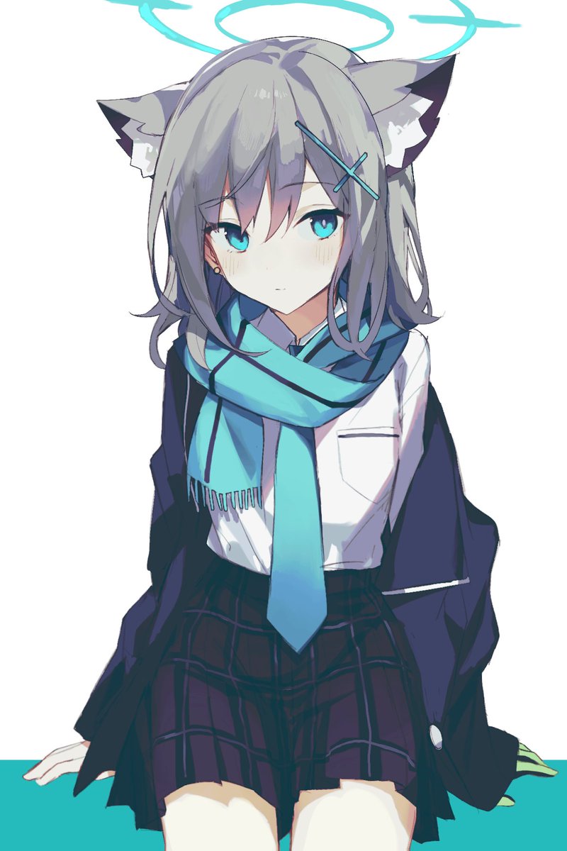shiroko (blue archive) 1girl solo animal ears skirt scarf halo jacket  illustration images