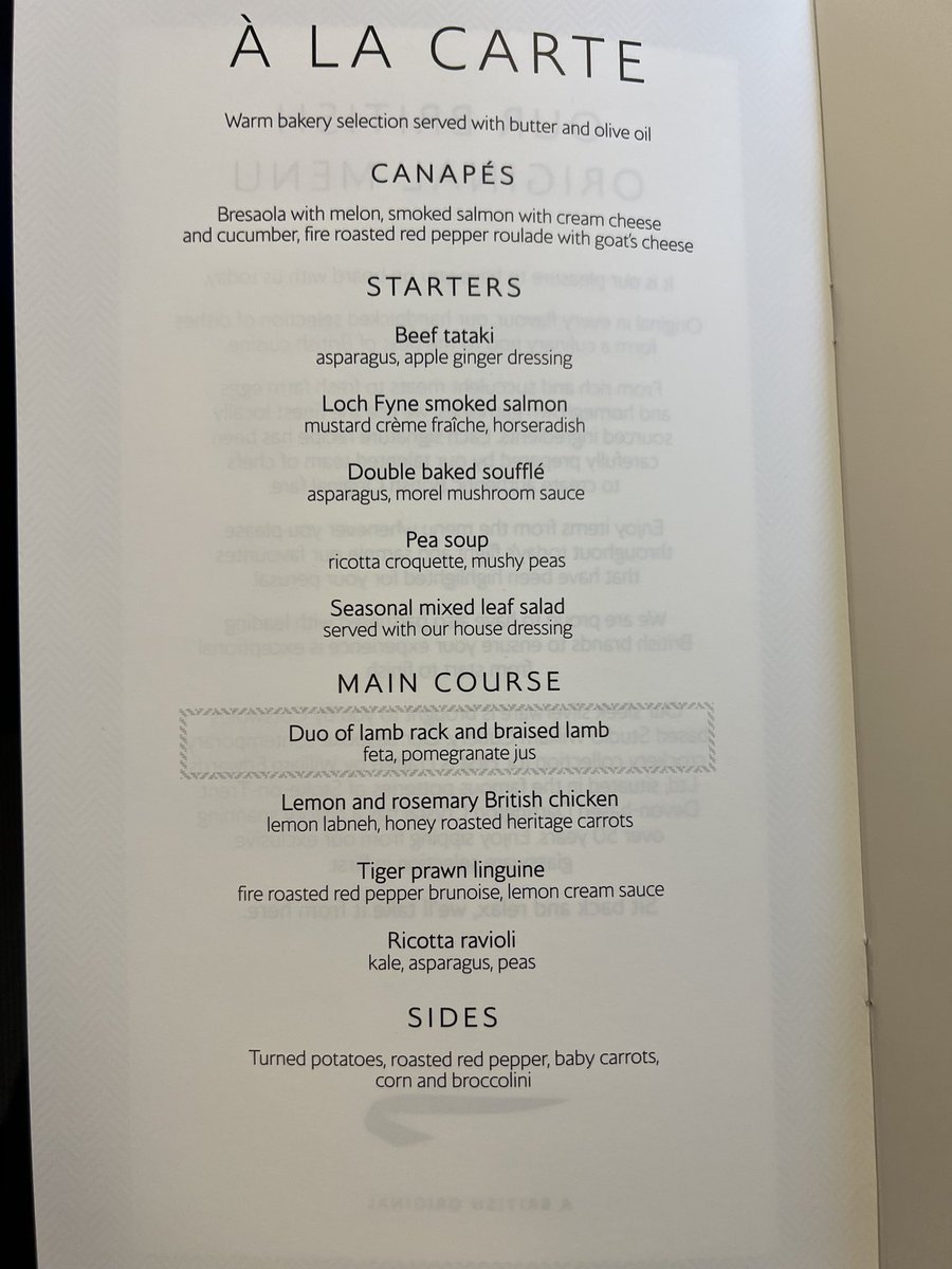 kenpankiewicz's tweet photo. Lunch then afternoon tea on today’s BA193 to Dallas.  Rack of lamb sounds good ! #AvGeek #a380 #BritishAirways https://t.co/1bmHK2dTEO