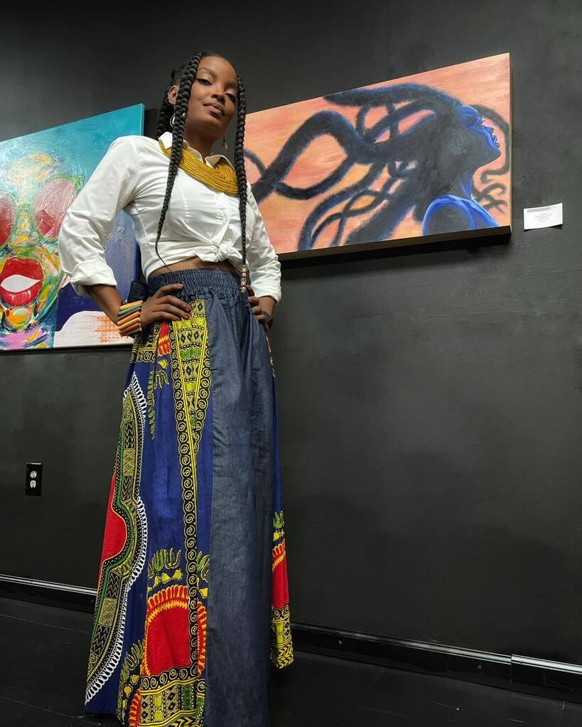 Jowarnise's tweet photo. Standing tall and proud in front of my painting at the 'She Is...' group show because it’s rare that a black-owned gallery opens for business in Richmond, but yesterday, @theartseen_ by @amiri.life opened with an exhibit celebrating the strength and resi… https://t.co/ECxq11cHW3 https://t.co/pRtrslvkok