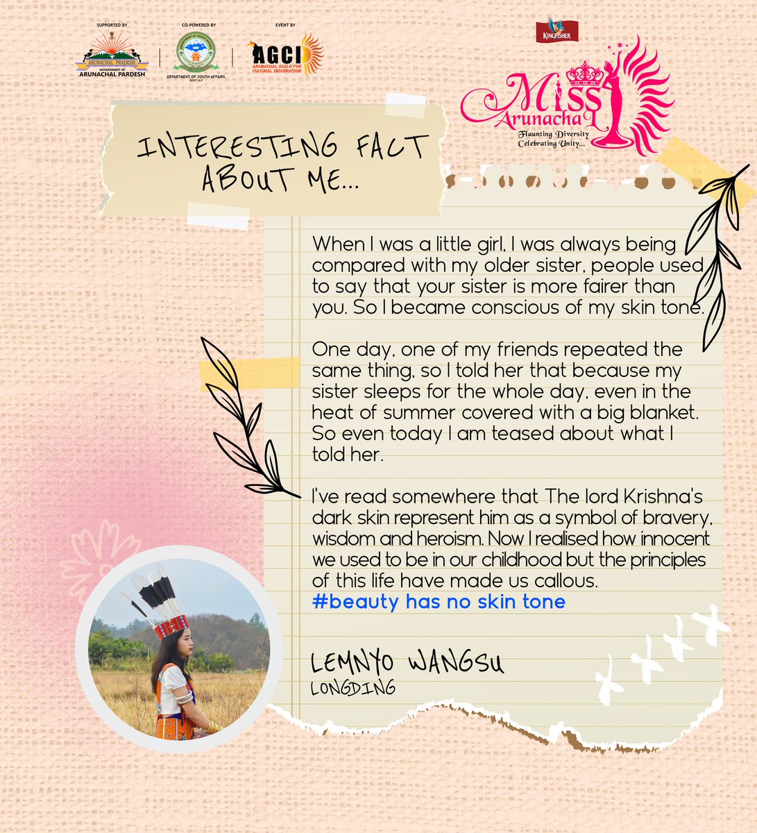 Know more interesting fact about our finalist, Kingfisher Miss Arunachal 2023.
•
•
@OfGoap

#KingfusherMissArunachal2023 #InterestingFact #MissArunachalTop20 #ArunachalGuildForCulturalIntegration #JourneyToTheCrown #BeautyPageants #MainBhiMissArunachal #GrandAnnouncement