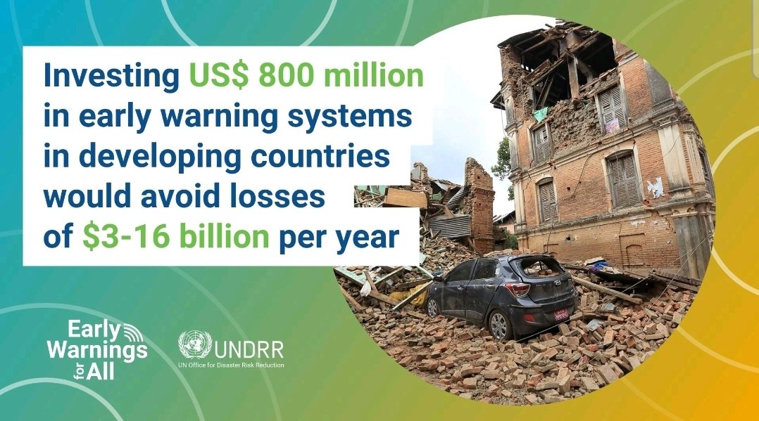 Early warning systems(EWARS)are recognized as an effective tool to reduce vulnerabilities&improve preparedness & response to natural hazards. Effective EWARS are capable of saving many lives &reducing damage by 30% if activated 24 hrs before an event. Promote #EarlyWarnings4All