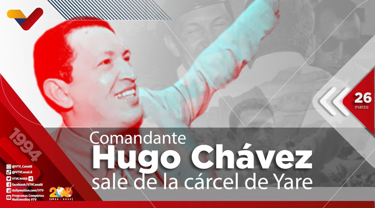 #EFEMÉRIDE🗓️| Hace 29 años, salió de la cárcel de la dignidad, el Comandante Hugo Chávez, el hombre que le devolvió la esperanza y la alegría a los venezolanos, motivado por la conquista del poder para el pueblo y el liderazgo de la Patria. #ManoDuraABandasCorruptas