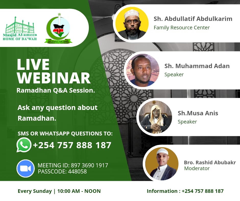 kri_kibra's tweet photo. Darsa Alert

Ladies Darsa: 
Al Nur Madrasa at Kambi Muru from 10.30am

Webinar through zoom from 10.00am with Ramadhan Q and A session by @kammpofficial

Join and benefit In Shaa Allah,  and May Allah SWT reward you for it, ameen.

#Darsa 
#Kibra 
#ramadhan2023 https://t.co/M7zvAHvdJv