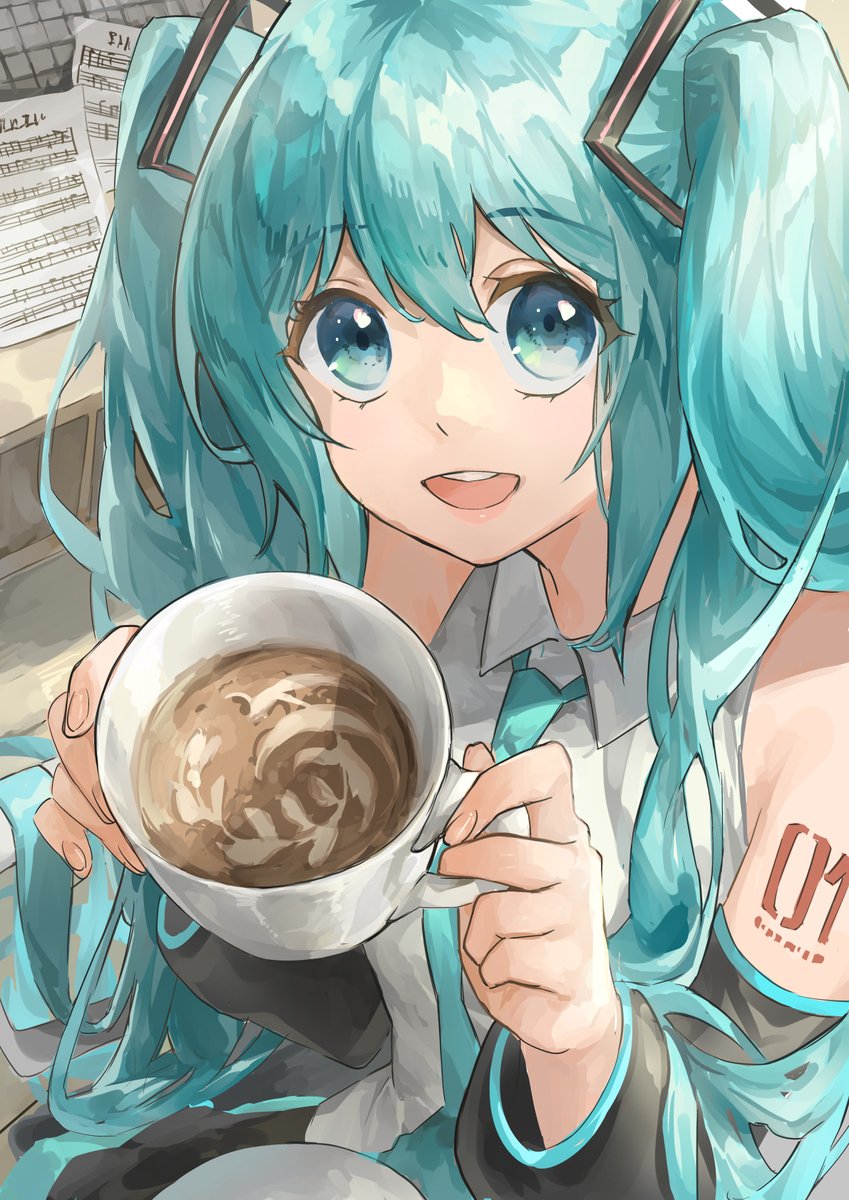 初音ミク 「「カフェラテ一緒に飲も?」"Wouldn't you drink cafe la」|日向葵（Himukai Aoi）のイラスト