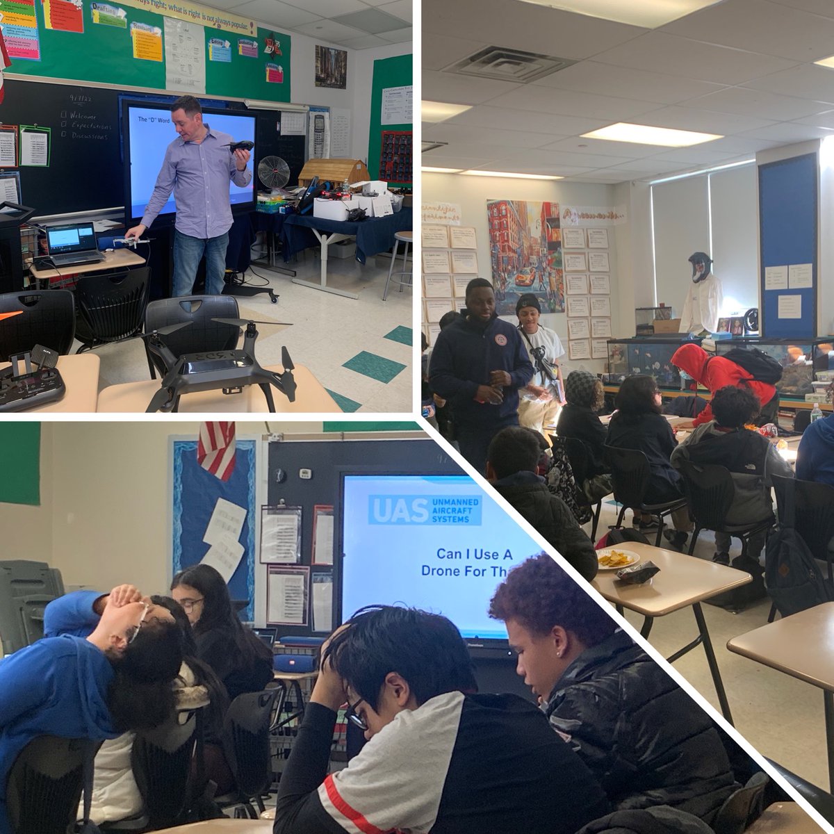 YDInvestigators's tweet photo. Young detectives and investigators engaged with speaker series: Professor Watkins learning about safely flying drones. Forensics members were then invited to experience flying in Barack Obama’s school court yard. @BarackObamaYPS @YonkersSchools @SuptQuezada  @RcollinsJudon https://t.co/e06J3kJvRf