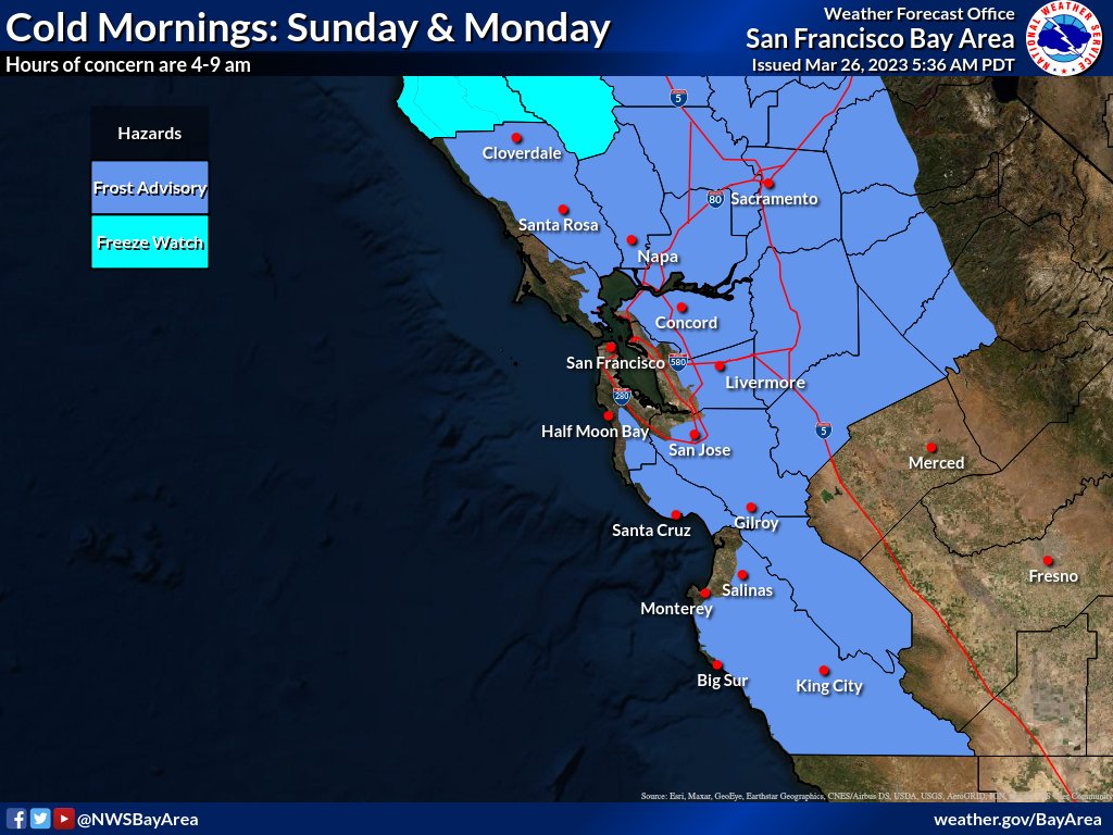 NWSBayArea's tweet photo. Brrrr (does anyone actually say that out loud?!?) Sunday & Monday: Chilly to cold mornings. Frost Advisory in effect for #BayArea & #CentralCA into Monday. Coldest temps expected 4-9 am in the low to mid 30s. #cawx https://t.co/ZFsplu6hvB