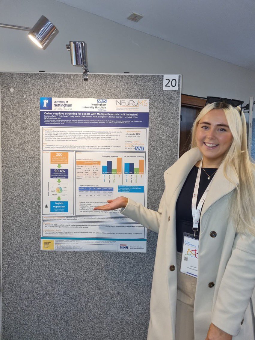 NEuRoMSproject's tweet image. Come check our NEuRoMS posters today at #MSTrust Conference on online cognitive screening for people with MS. @LaurenATaylor26 and Polly Swain will be happy to walk you through our work!
#MSTconference2023 #MultipleSclerosis @MSTrust