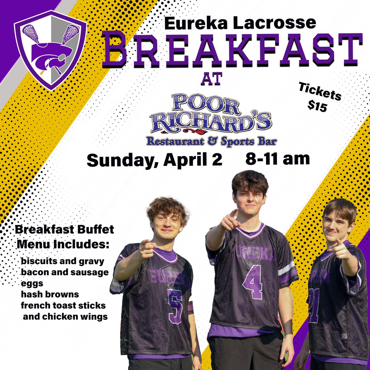 We want you— to attend our Breakfast Fundraiser!! Email: eurekalacrosse@gmail.com for tickets!🥍 #itsgreattobehere