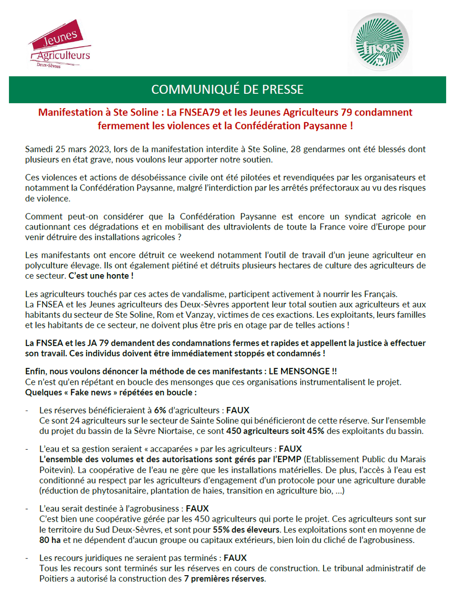 Nous condamnons fermement les violences et dégradations de la Confédération Paysanne! Rappelons qqs vérités sur ce projet! @jeunesagris79 <a href="/FNSEA/">La FNSEA</a> <a href="/FNSEA_Nlle_Aqui/">FNSEA Nlle Aquitaine</a> <a href="/DenisMousseau3/">Denis Mousseau</a> <a href="/thierrybernier7/">Thierry BERNIER</a> <a href="/rasillard/">Rasillard Jean-Baptiste</a>