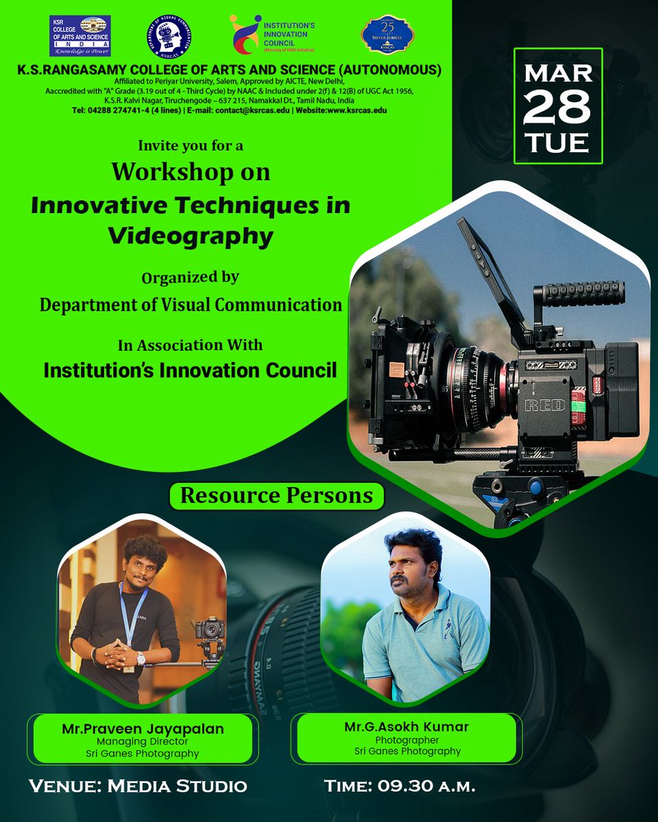 ksrcas1995's tweet photo. Department of Visual Communication in association with IIC Organizes Workshop on "Innovative Techniques in Videography".
#ksrei #ksrcas https://t.co/hucTBbb3yR