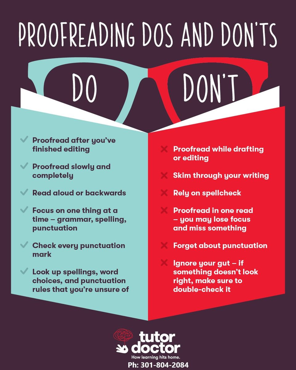 Proofreading means carefully checking for errors in a text before it is published or shared. Its very important step and these are few dos and don’ts for a perfect proofreading.

Contact Tutor Doctor @ 301-804-2084
tutordoctor.com/clarksburg-fre…