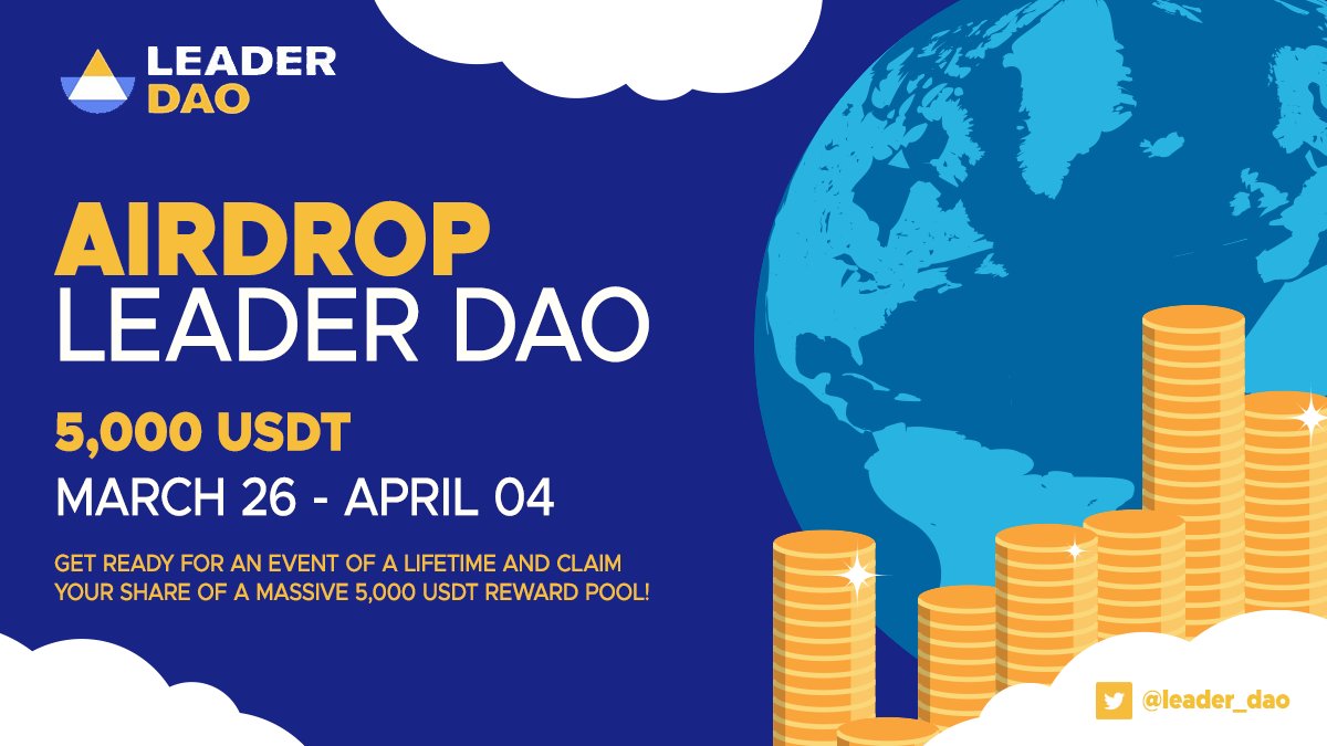 ✨#LeaderDAO 5000 USDT Airdrop✨

💰Reward Pool: 5000 USDT
🏆20 USDT tokens for 200 random winners + 20 USDT for 50 top referrals (max pool $1000).

🤖 t.me/LeaderDAO_Aird… 

📃 Rules: reddit.com/r/LeaderDAO/co…

#Giveaway #USDT #Airdrop #Airdrops #LDAO #events