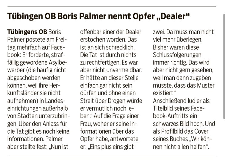 Juliaceline98's tweet photo. In Tübingen ist ein Mann erstochen worden. Meine Gedanken sind bei ihm, sowie seinen Angehörigen!

Unser OB #Palmer kommt währenddessen zum Schluss, dass das Opfer, da aus Gambia stammend, mit Drogen gedealt haben muss. So etwas nennt man übrigens Rassismus. https://t.co/99NXf3btAr