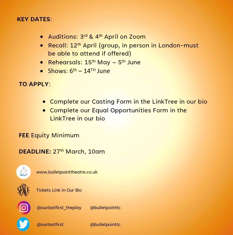 CASTING CALL 
LAST DAY TO APPLY

Yes, it’s your last day to apply for our show! Details are below. Get those last minute applications in! Share and retweet please x

#casting #newtheatre #castingcall #newwriting  #newplay #londontheatre #theatre #equity #equityminimum #play