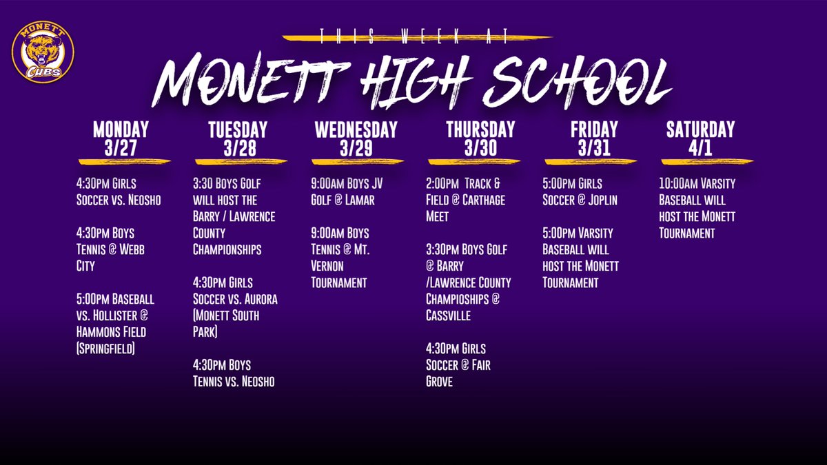 MonettAthletics's tweet photo. Weekly Athletics 3/27 - 4/1. Its a great week to be a CUB! https://t.co/badAz6cjqQ