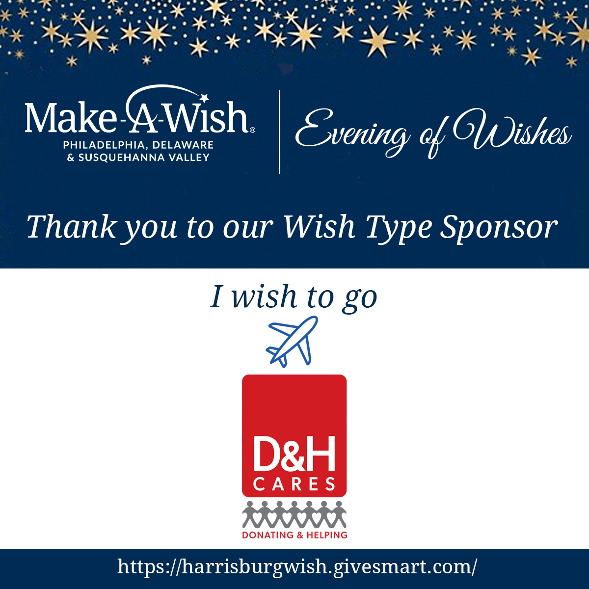 MakeAWishPHL's tweet photo. Evening of Wishes is almost here! Thank you to @@dandh_cares for being the I wish to go Wish Type Sponsor.  Your support will help us grant life-changing wishes to children in the Harrisburg area!  To purchase tickets, please visit, https://t.co/JEvjrq1oPx https://t.co/6xvbFAZ6lN