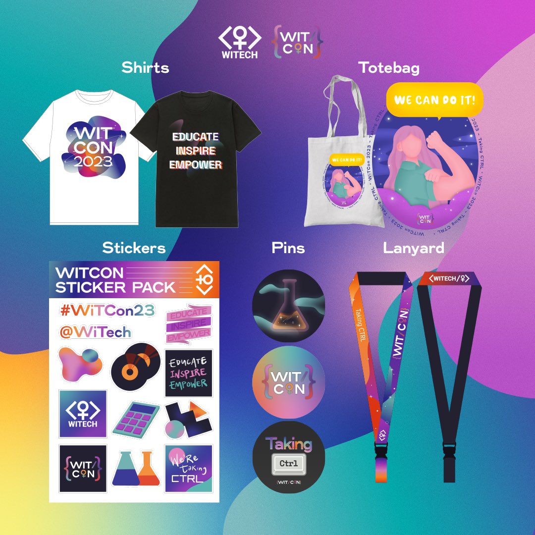 witechorg's tweet photo. It's HERE! 🤩
Get ready to dominate the rest of the tech society with this year's amazing WiTCon merch line!
What are you waiting for? 🚨 Pre-orders are now OPEN at https://t.co/oDQuE1Cnsx
We can’t wait to see you rock our merch 😉
#TakingCTRL #WiTCon2023
#WiTech2023
(1/2) https://t.co/YGjlZE2QLK