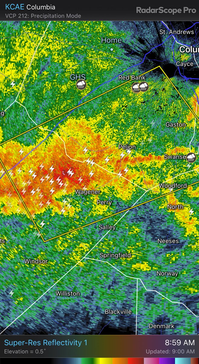 LexSCwx's tweet photo. A Severe Thunderstorm Warning has been issued for Aiken &amp; Lexington counties until 9:30AM. These storms are moving NE into LexCo with 60 mph winds and quarter sized hail. KCAE - Super-Res Reflectivity 1 8:59 AM #scwx https://t.co/VrlzohKVzv