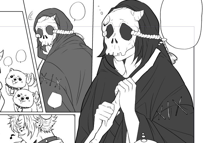 ものすごい中途半端な部分の進捗 は…とも先生曰く💀神の本体は黒いローブの方で髑髏は💀神が狩った魂のものなので💀神の顔ではないそうで だから💀ぎゆの頭にある👹髑髏はぎゆが狩った👹なのね～と妄想したり 