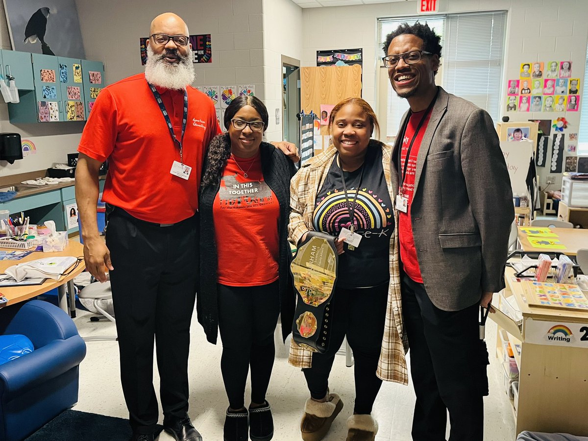 Congrats to Ms. Hunter & Ms. Jackson at Lyons Farm Elem, our @DurhamPublicSch March Equity Champions of the Month! In addition to their championship belt, they received a gift card to @rofhiwabooks from @weare_org! Congrats to them, @PrincipalJHop, & the LFE family! #WeAreDPS