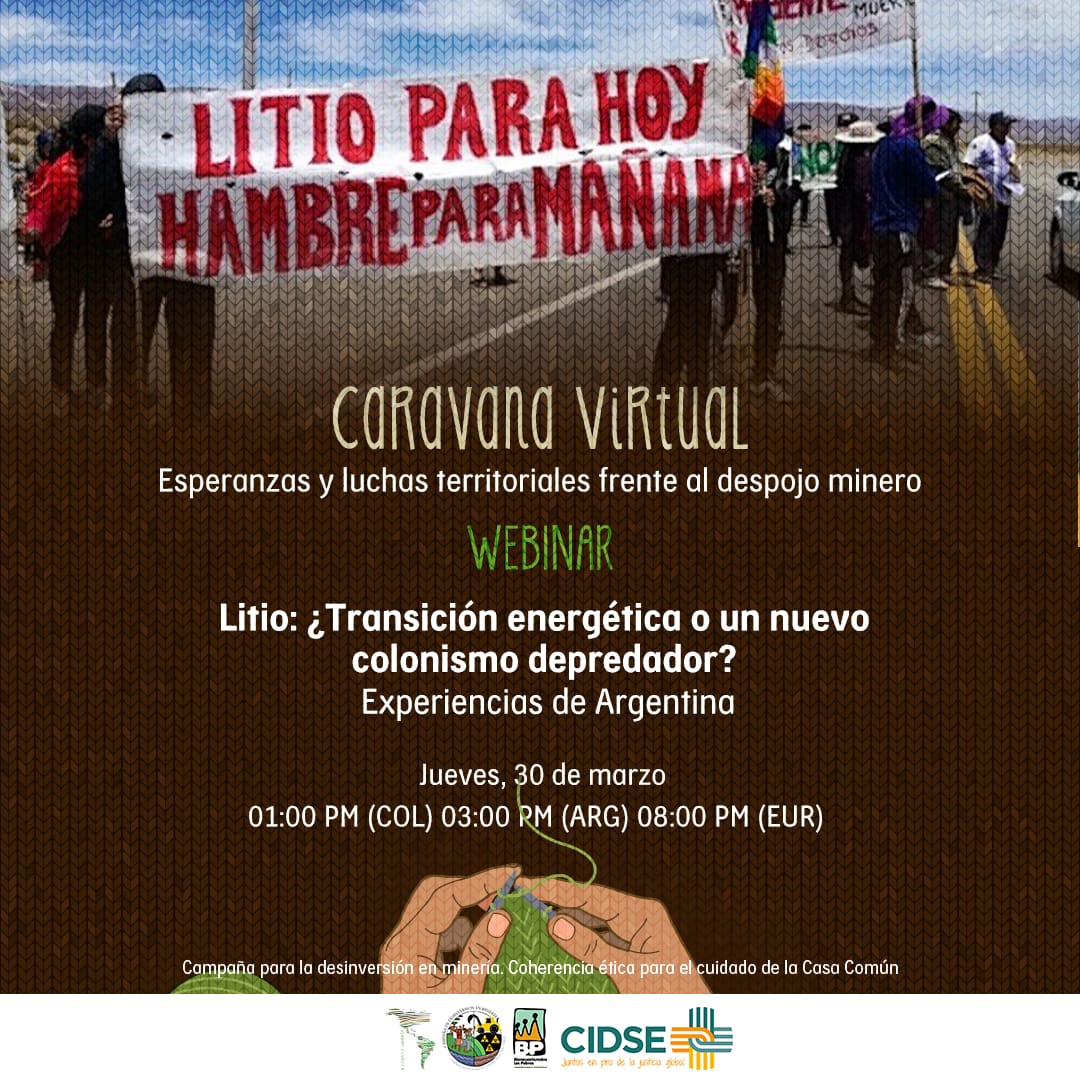 #CARAVANAVIRTUAL: *El #Litio: #TransiciónEnergética u otro #ColonialismoDepredador?* 
📢 Desde la experiencia de #Argentina por  #justiciaclimática
📣 #ecologíaIntegral.
📌 30 de marzo, 1pm COL, 3pm ARG, 8pm EUR. CONÉCTATE:bit.ly/caravanavirtual
Más:  bit.ly/3z2H5eY