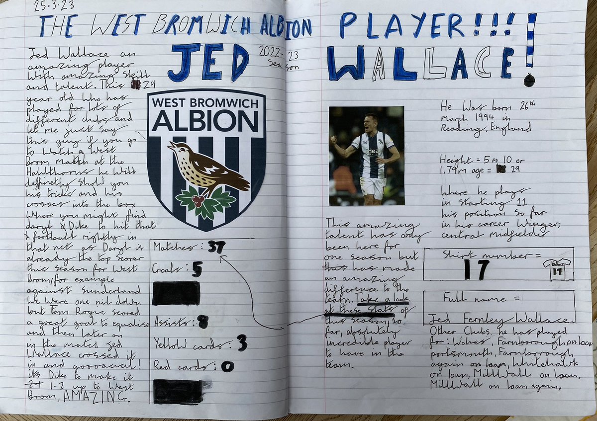 nigelparkes's tweet photo. Happy Birthday @jedwallace12 from my son Alexander who is a massive fan of yours. His homework was to create a fact file about anything he wanted. And he chose you 😀⚽️💙🤍 https://t.co/r6s026TSMU
