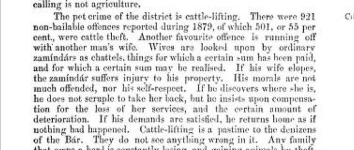 TrueIndology's tweet photo. "Pet crime of the district is cattle theft".

"Favorite offence is running off with another's wife. women are looked upon as goods.

When wife elopes, man does not ask her back.  Rather, he asks for money"

Condition of 19th century Mμslim Pakistan!

District Gazetteer,Jhang 1883 https://t.co/wRJRw1Kq7p