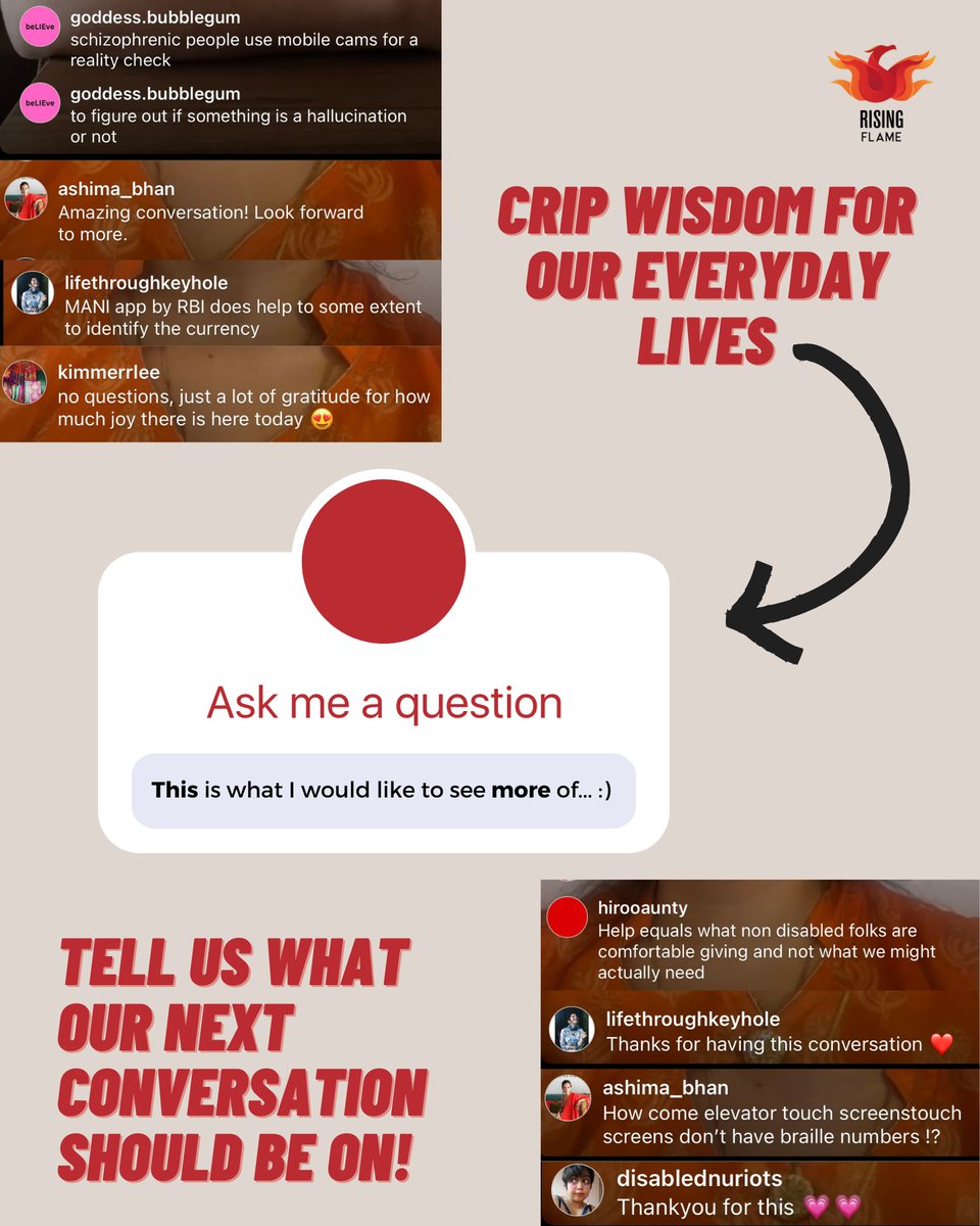 RisingFlameNow's tweet photo. Thank you for all your love when we talked about #Tech4WWD and #CripWisdom with @thecatlyf + @saysnidhigoyal! ❤️
It's time to hear what disabled folx say, because we are experts on our own lives & allies for #innovation 😍
Tell us what we should explore next (we're excited!) 👇🏾 https://t.co/cLTmHeuBIz