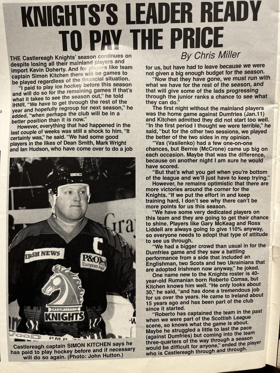 AVFTB's tweet photo. ♟️ KNIGHTS’ LEADER READY TO PAY THE PRICE 💪🏻 

Every wondered what local hockey was like back in 1997?

Check Out this article from Ice Hockey News Review in which they discuss the issues at Castlereagh with quite a familiar face?

(Thanks to @SamBellStrength for the picture!) https://t.co/MeJsUVARhC