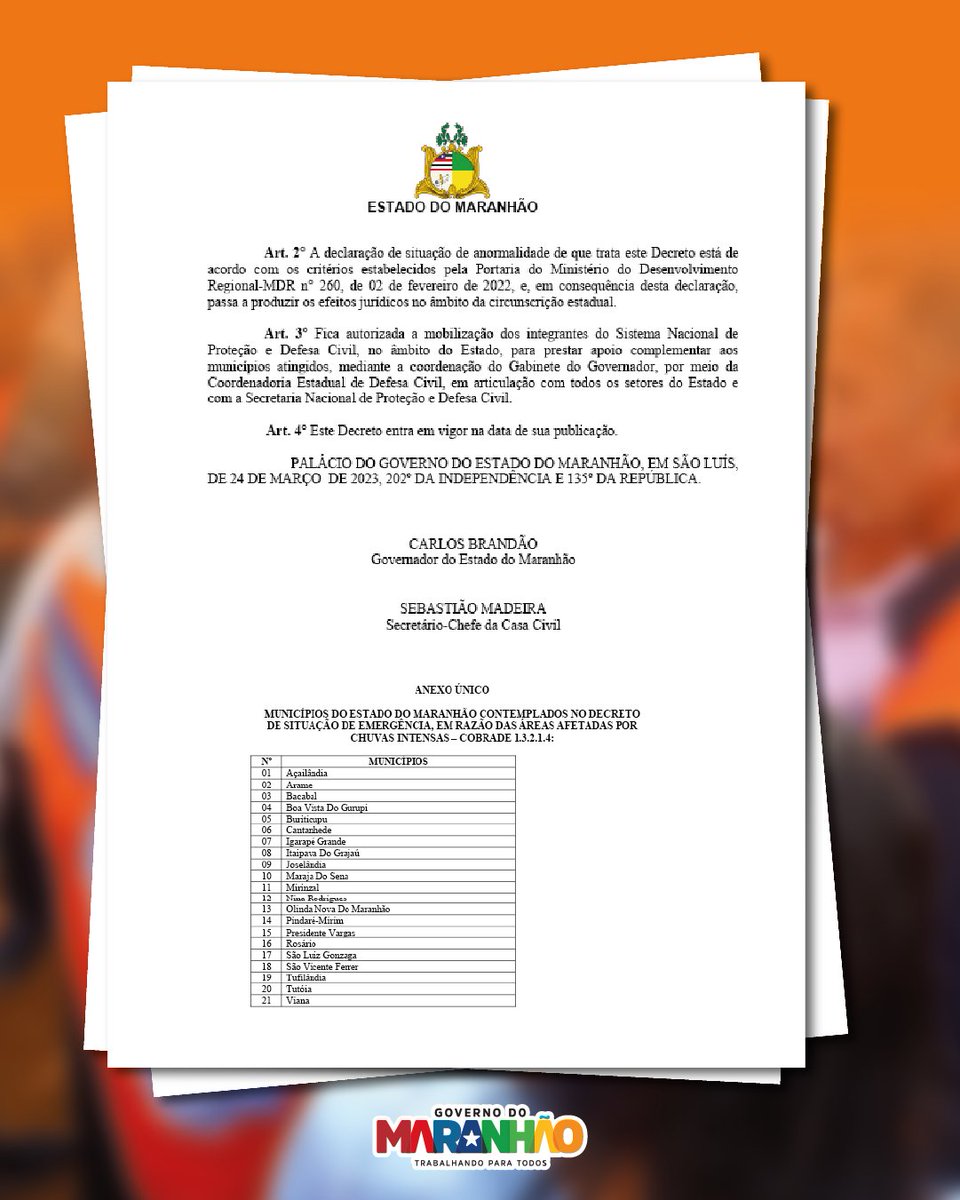carlosbrandaoma's tweet photo. Já temos um novo decreto declarando situação de emergência em mais 21 municípios em razão das chuvas intensas no Maranhão. Estamos garantindo a segurança dos maranhenses com o apoio do Sistema Nacional de Proteção e Defesa Civil. https://t.co/83KV42Iu3v